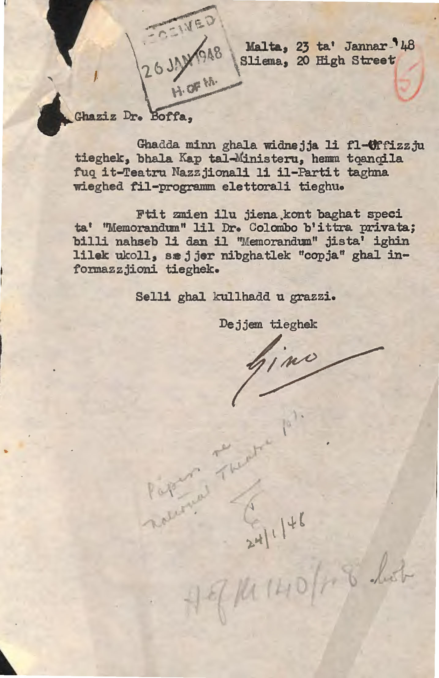 Siparju 001: Malta, Jannar, 1948. Gino Muscat Azzopardi, Pawlu Boffa u t-Teatru Nazzjonali.