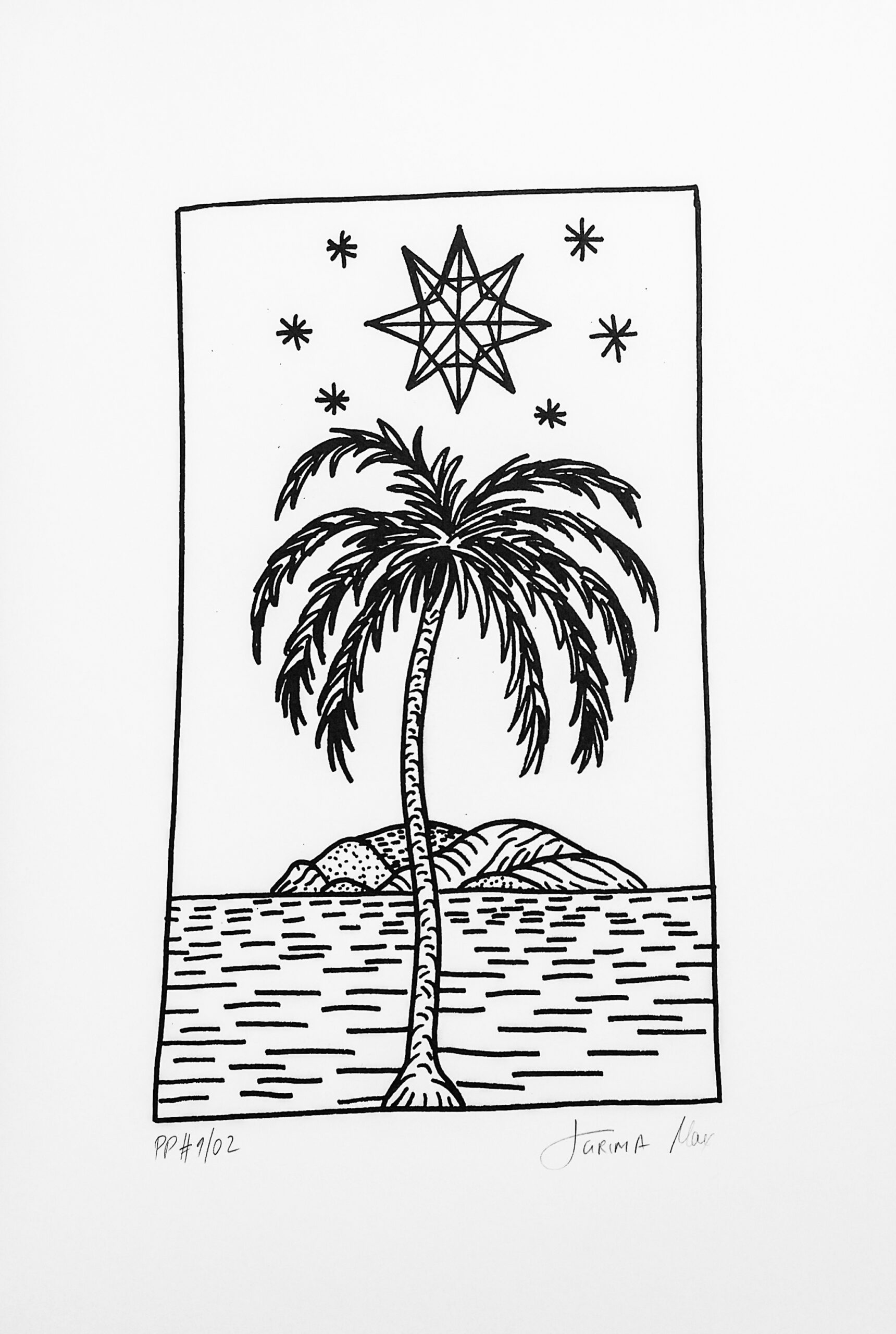 Black and white drawing of a palm tree by the sea under a star, from TinyIslandSeries, used in a Maltese archive note about summer.